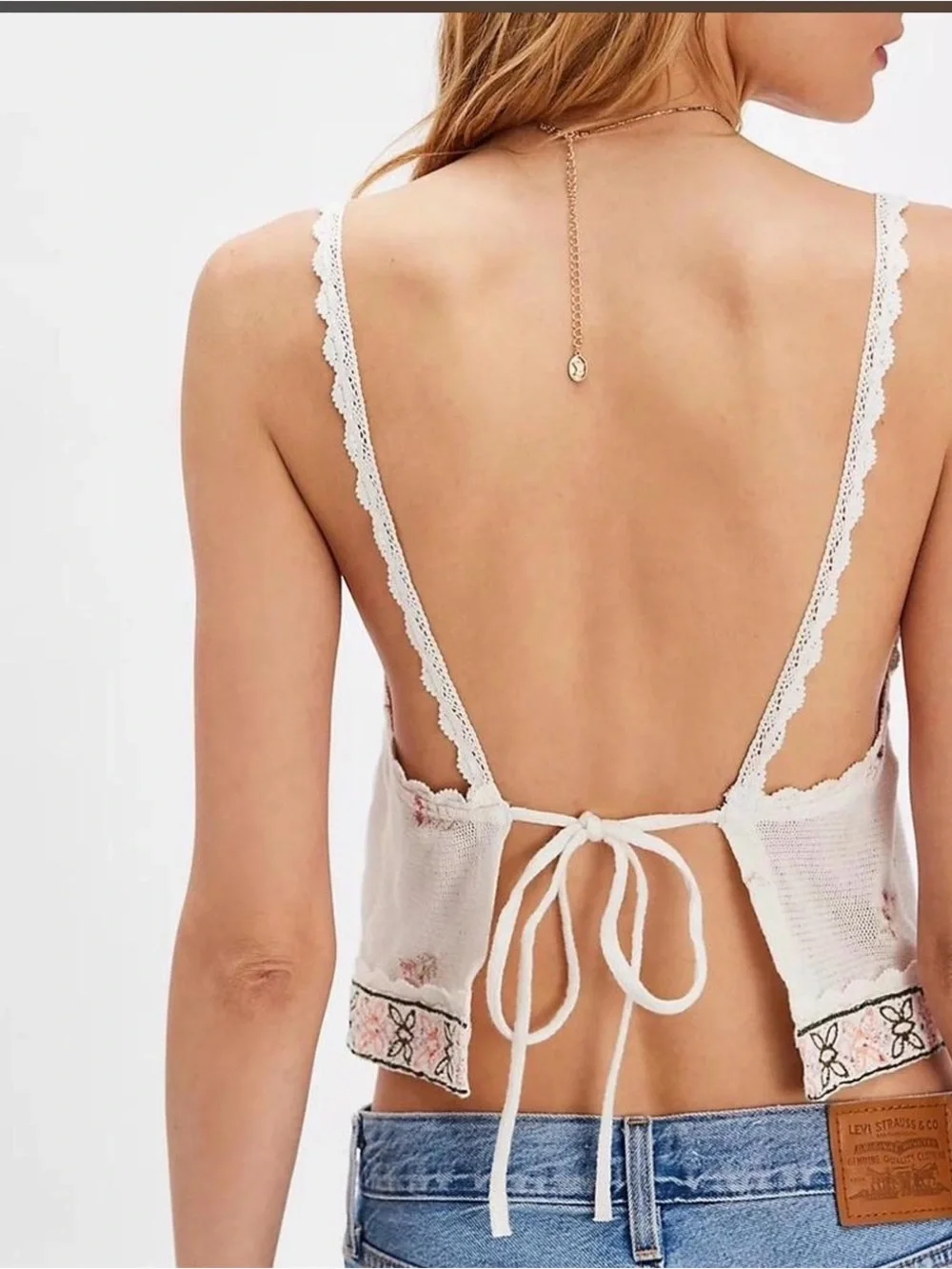 Free People White Floral Embroidered Crochet Tank